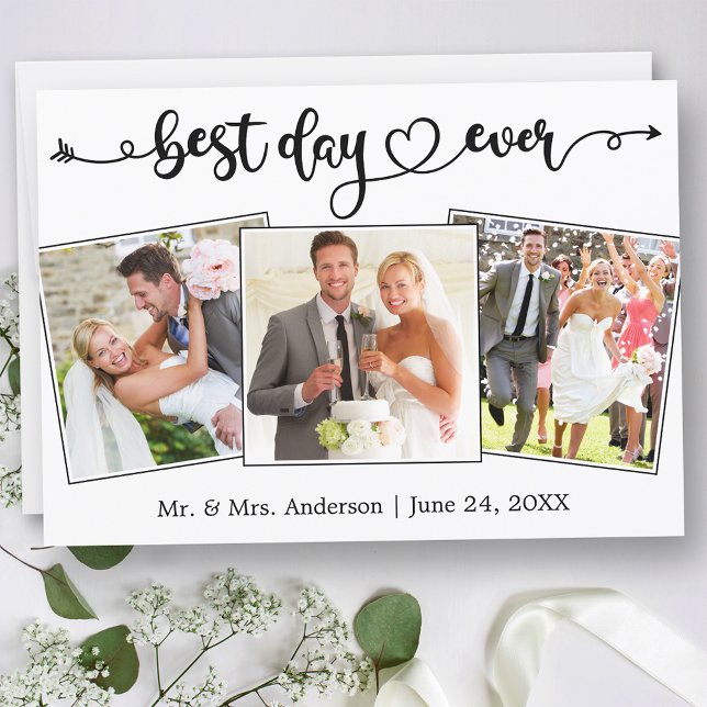 Carte De Remerciements Calligraphy Heart Best Day Ever 3 Photos Wedding (Customize to change your personalized text size or text style.)