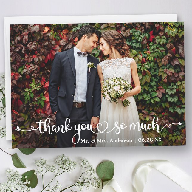 Carte De Remerciements Calligraphy Heart Wedding Photo (Customize to change your personalized text size or text style.)