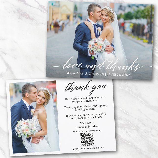 Carte De Remerciements Calligraphy Love Thanks QR Code 2 Mariage photo (Add your wedding website link to the QR Code so guests can scan & view more of your photos online.)