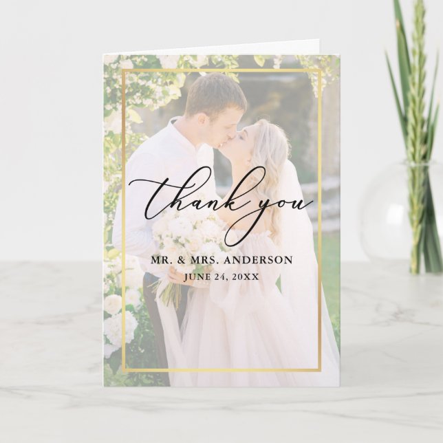 Carte De Remerciements Calligraphy Wedding 2 Photo Gold Overlay Fold (Devant)