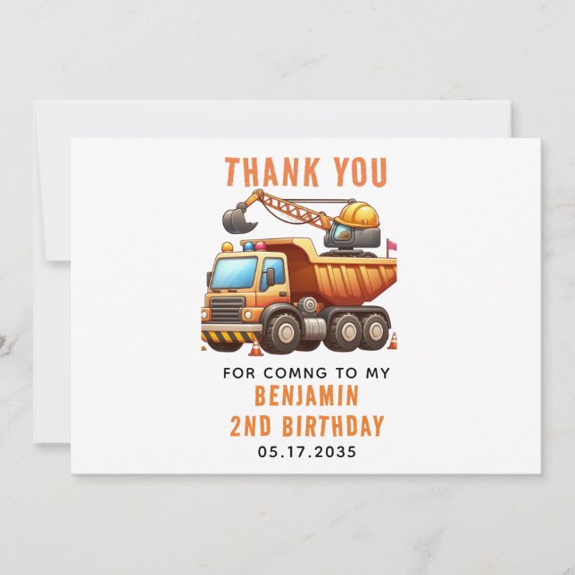 Carte De Remerciements Camion à benne du chantier de construction 2e anni (Devant)