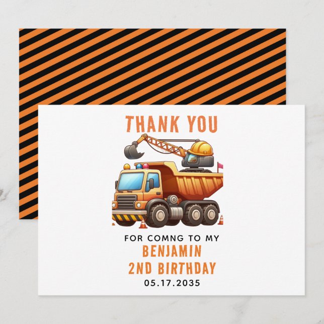 Carte De Remerciements Camion à benne du chantier de construction 2e anni (Devant / Derrière)