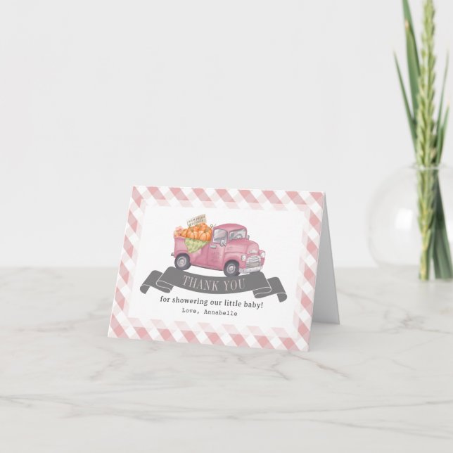 Carte De Remerciements Camion Citrouille rose En vichy Baby shower fille (Devant)