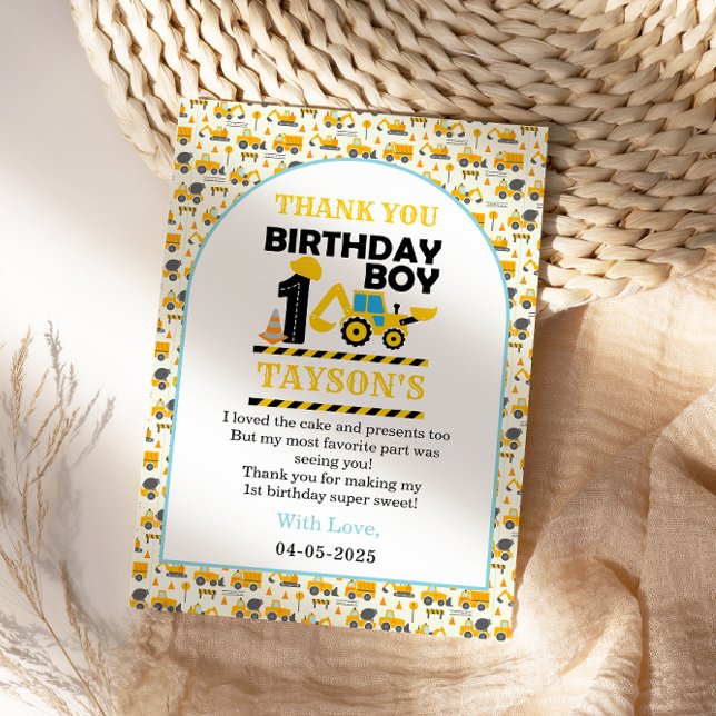 Carte De Remerciements Camion de chantier 1er anniversaire | Fête d'enfan (Créateur téléchargé)