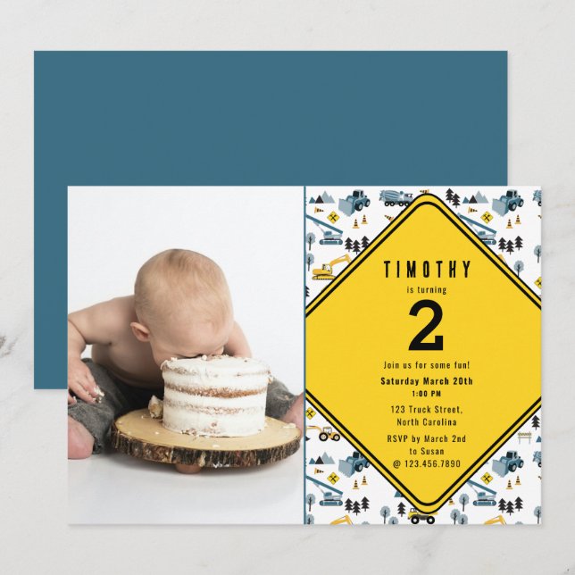 Carte De Remerciements Camion de Construction Bleu Photo Site Fête d'Anni (Devant / Derrière)