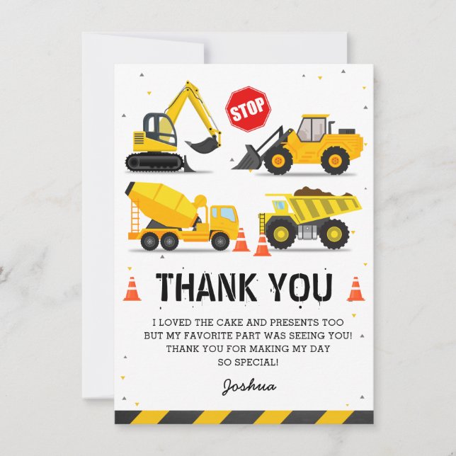 Carte De Remerciements Camions à Thème de Construction pour Enfants Anniv (Devant)