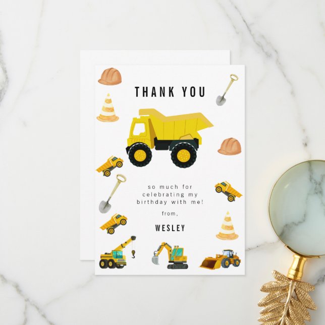 Carte De Remerciements Camions de chantier pour l'anniversaire (Devant/Arrière en situation)