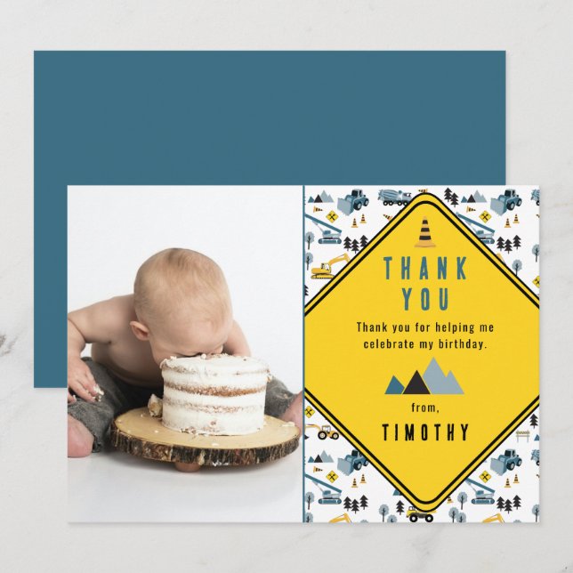 Carte De Remerciements Camions de construction bleus Photo site anniversa (Devant / Derrière)