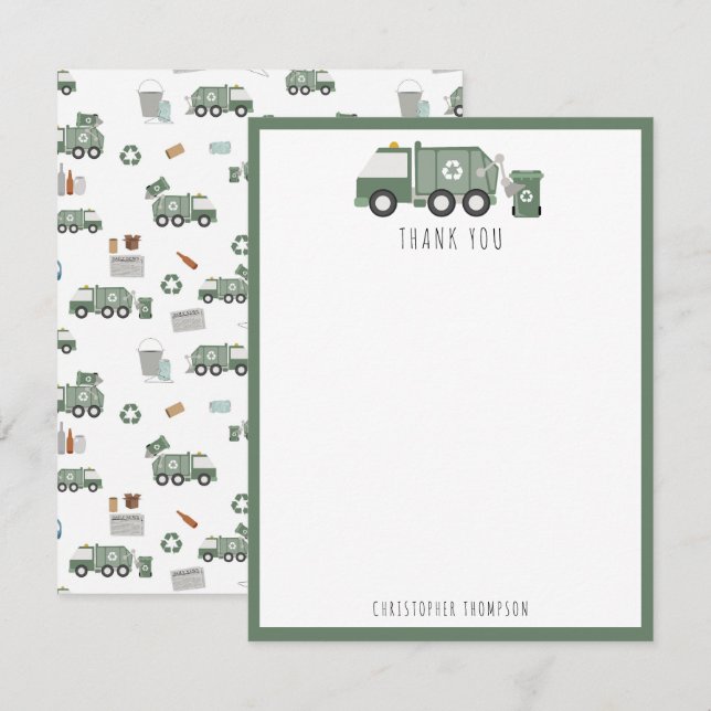 Carte De Remerciements Camions de recyclage verts mignons pour enfants (Devant / Derrière)