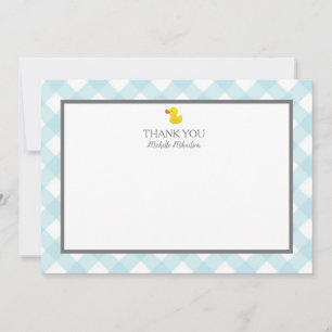 Carte De Remerciements Canard en caoutchouc à carreaux bleus Baby Shower