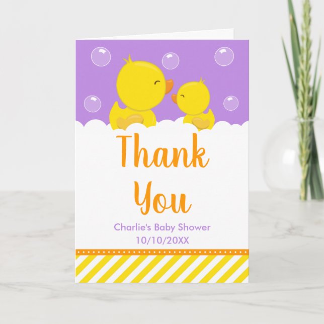 Carte De Remerciements Caoutchouc Baby shower jaune et violet (Devant)