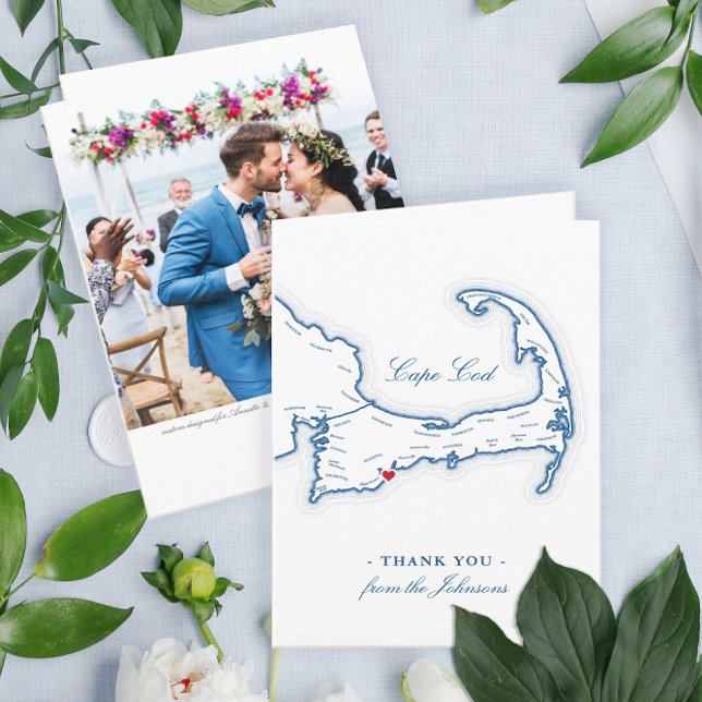 Carte De Remerciements Cape Cod Élégant Mariage Destination (Cape Cod Destination Wedding thank you cards with a map of the Cape and your photo on the back)