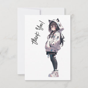 Carte De Remerciements Caractère fille Anime Neko Kawaii