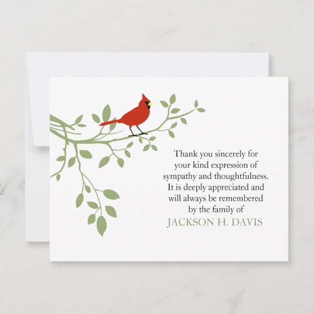Carte De Remerciements Cardinal Funeral Thank You Note Card Red Bird (Devant)