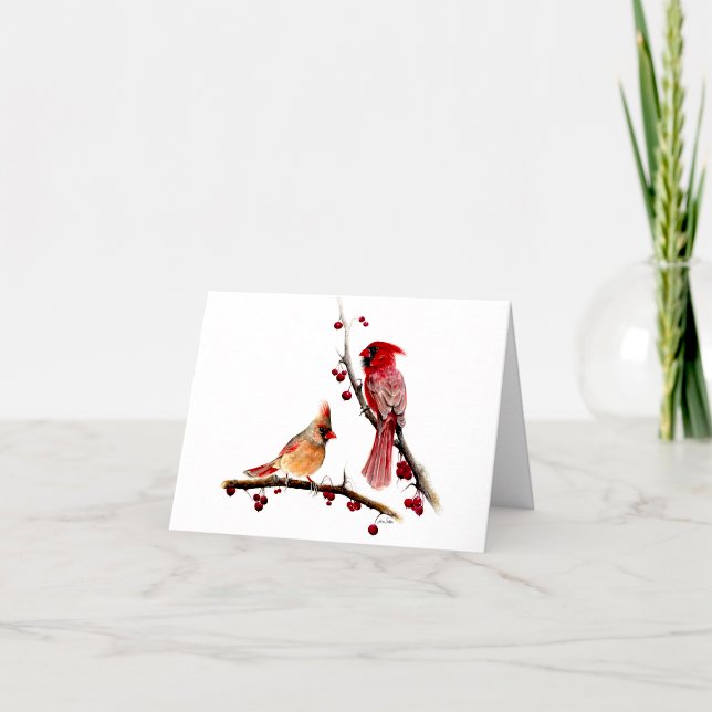 Carte De Remerciements Cardinaux d'hiver Berries (Beautiful cardinal pair watercolor thank you notes from Jenn Steffen Art)