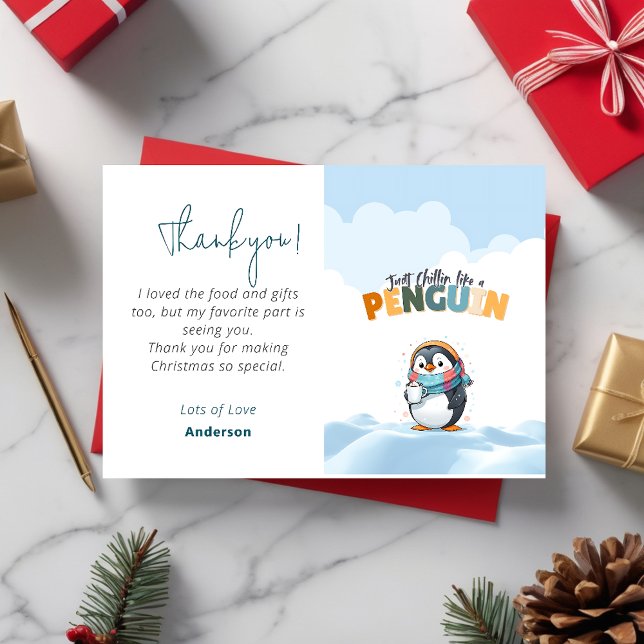Carte De Remerciements Caricature de Noël, juste un chillin comme un ping (Christmas Cartoonish Just Chillin Like a Penguin Thank You Card)