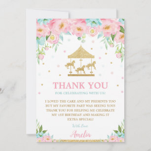 Carte De Remerciements Carousel Merry Go Round Pink Mint Floral Anniversa