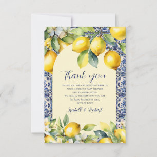Carte De Remerciements Carreaux bleu italien Aquarelle Baby shower citron