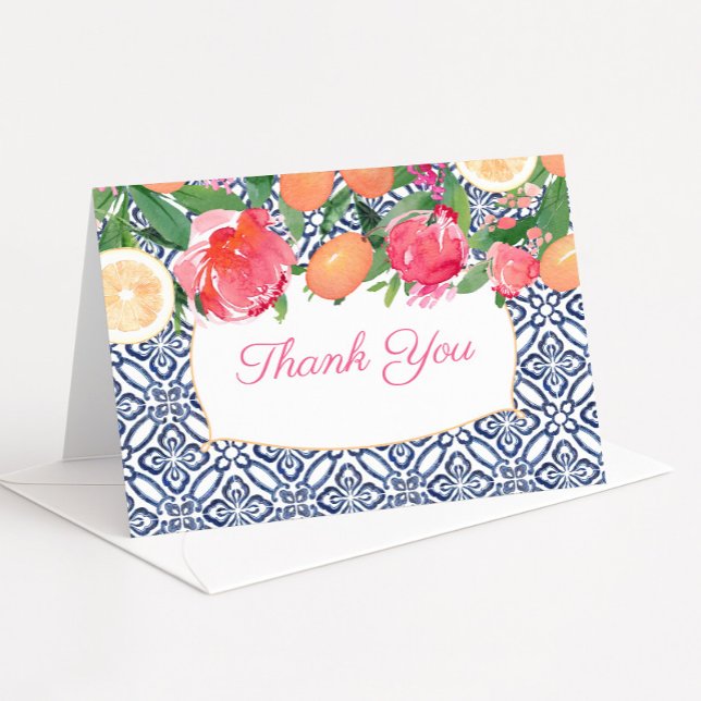 Carte De Remerciements Carreaux bleu rose et orange Douche méditerranéenn (Vibrant Mediterranean theme thank you card design)
