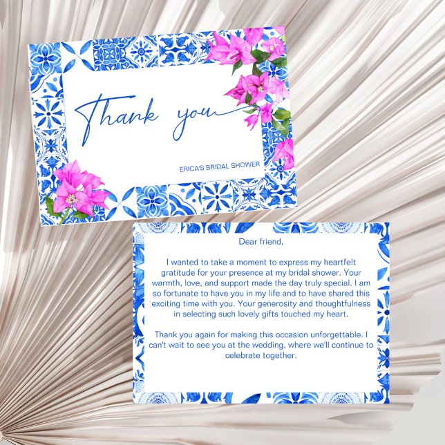 Carte De Remerciements Carreaux bleus Bougainvillea élégant shower de mar (Blue Tiles Bougainvillea Mediterranean elegant bridal shower Thank You Card )