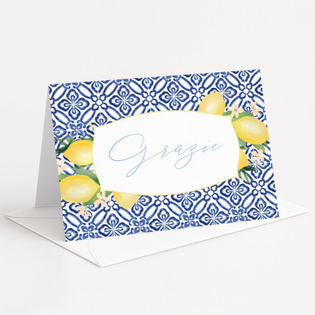 Carte De Remerciements Carreaux italiens bleus à l'aquarelle Grazie Lemon (Grazie watercolor lemons blue tiles Italian theme bridal shower thank you card)