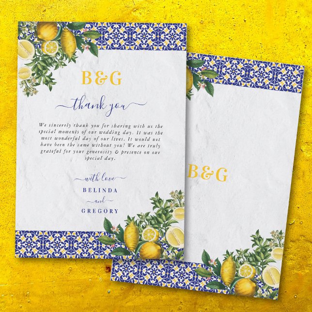 Carte De Remerciements Carrelage bleu blanc jaune méditerranéen Mariage c (Blue White Yellow Mediterranean Tile Lemon Wedding Thank You Card)
