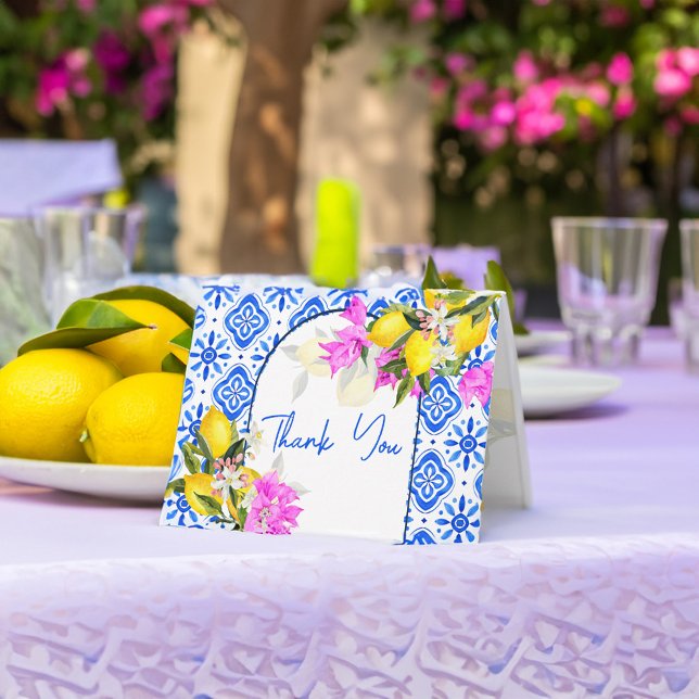 Carte De Remerciements Carrelage bleu citron bougainvillier Amalfi Posita (Blue tiles lemon bougainvillea Amalfi Positano Thank You Card Mediterranean themed bridal shower)