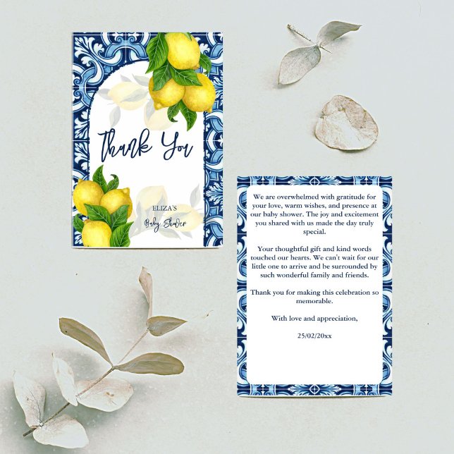 Carte De Remerciements Carrelage bleu et citron Amalfi Positano baby show (Blue tiles and lemon Amalfi Positano baby shower Thank You Card Mediterranean themed thank you cards)