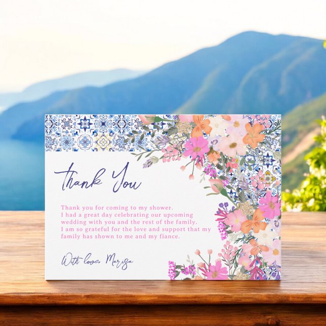 Carte De Remerciements Carrelage bleu italien aquarelle fleurie douche nu (Italian blue tiles watercolor floral bridal shower thank you card)