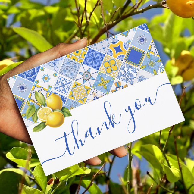 Carte De Remerciements Carrelage bleu italien Citron Fête des mariées d'é (Italian Blue Tiles Lemon Summer Bridal Shower Thank You Card)