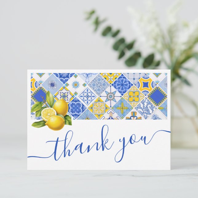 Carte De Remerciements Carrelage bleu italien Lemon Summer Fête de mariag (Debout devant)