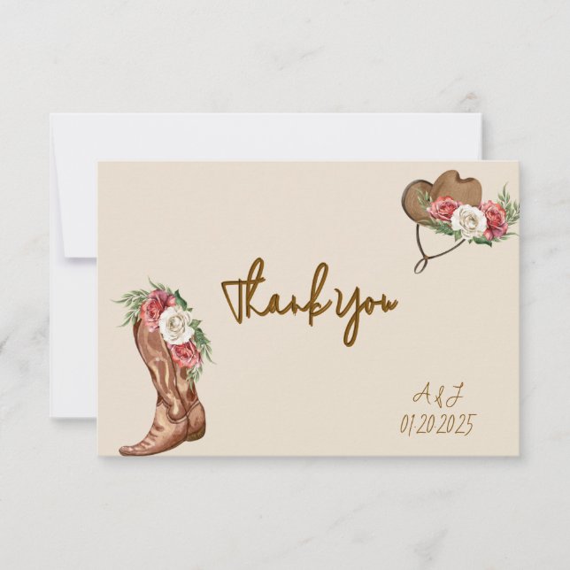 CARTE DE REMERCIEMENTS CARTON D'INVITATION AU LUNCH DE MARIÉE FLEUR COWBO (Devant)