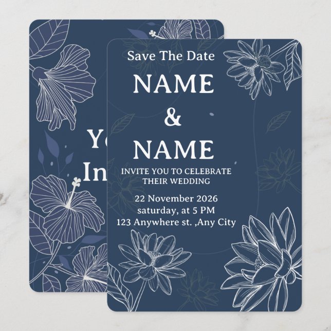 Carte De Remerciements Carton d'invitation de mariage floral bleu poussié (Devant / Derrière)