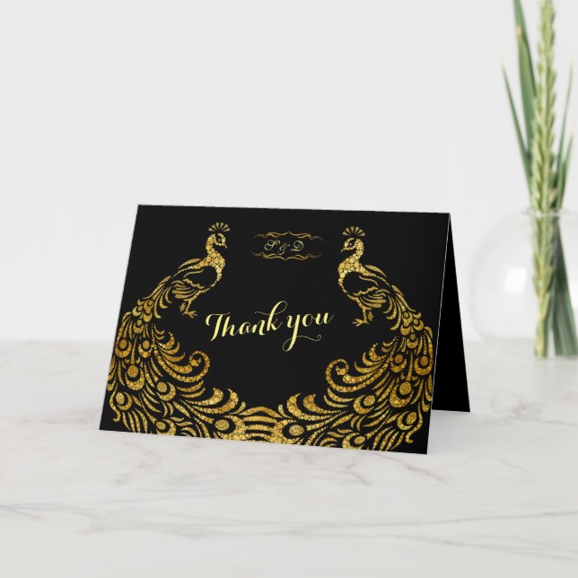 Carte De Remerciements Cartons d'Invitation de Mariage | Paon Doré Noir M (Devant)