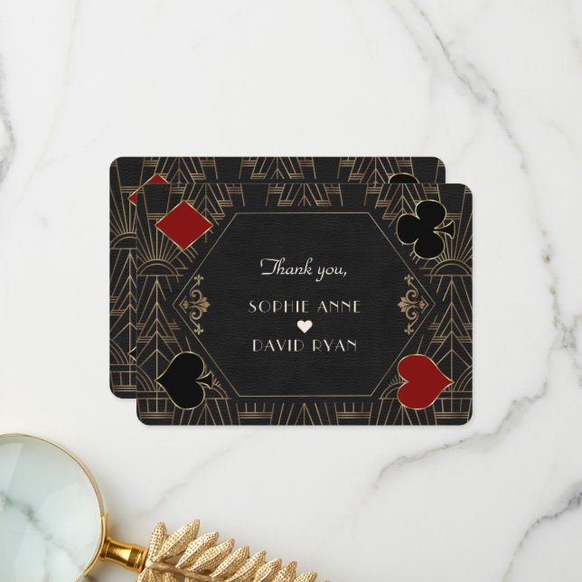 Carte De Remerciements Casino Gold Black Art Deco Gatsby 20s Wedding (Devant/Arrière en situation)