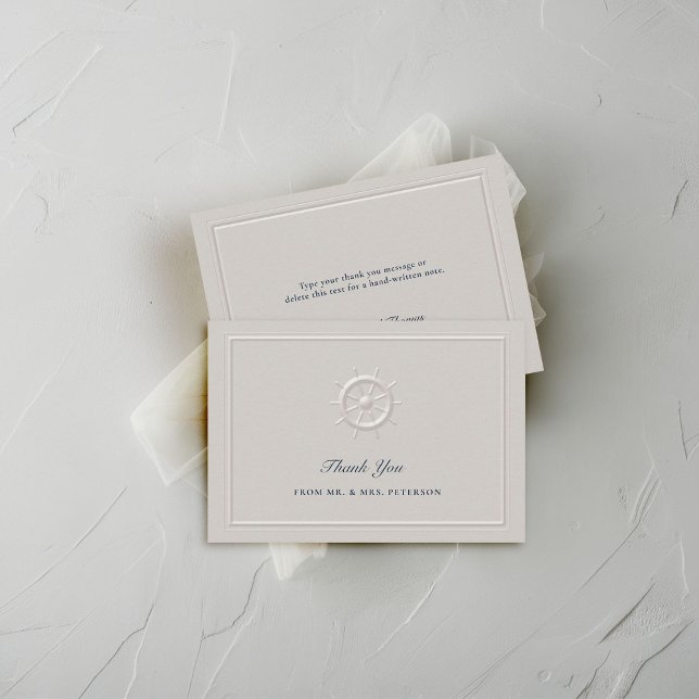 Carte De Remerciements Casque de bateau nautique côtier Élégant Mariage s (coastal wedding thank you card faux embossed nautical boat helm double frame modern classic elegant)