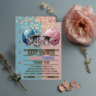 Carte De Remerciements Casque de football américain bleu et rose Baby sho