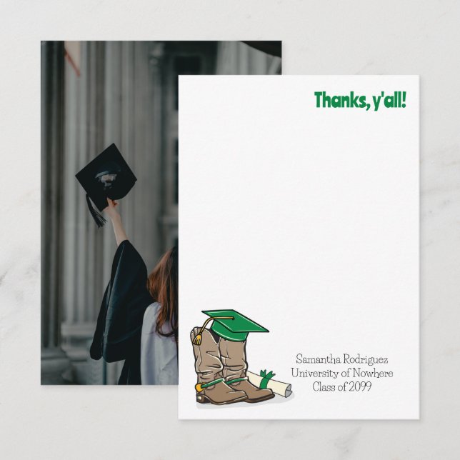 Carte De Remerciements Casquette de graduation verte et amorçage Cowboy (Devant / Derrière)