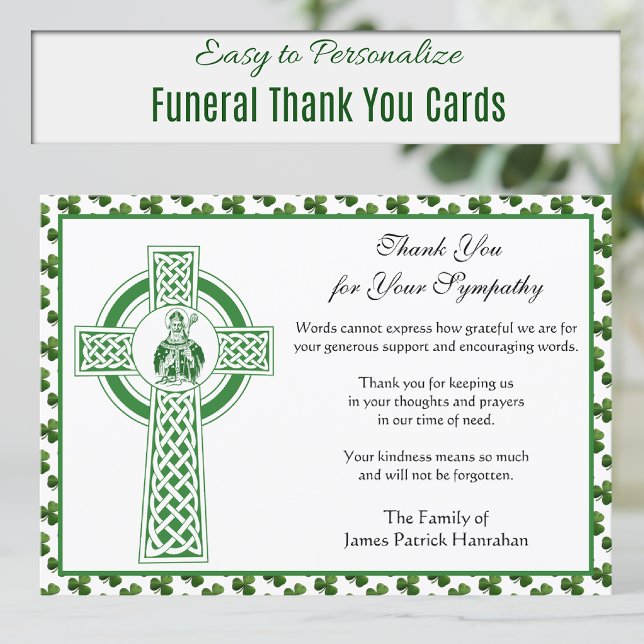 Carte De Remerciements Catholique Condolence Irlandaise St Patrick Shamro (Irish Celtic Cross and St. Patrick Funeral Thank you cards)