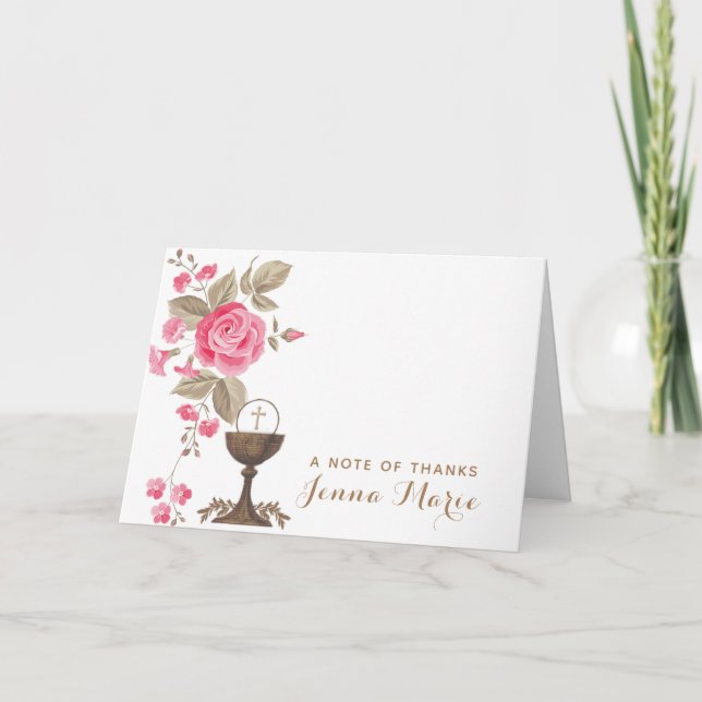 Carte De Remerciements Catholique Première Sainte Communion Floral Religi (Devant)