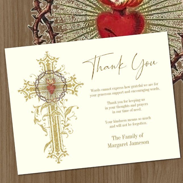 Carte De Remerciements Catholique Sacré Coeur Jésus Sympathie funéraire (Gold Cross with Sacred Heart of Jesus Overlay Funeral Thank you Card )