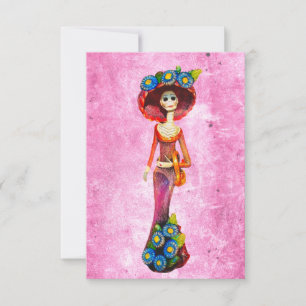 Carte De Remerciements Catrina Avec Robe Rouge & Fleurs Bleues Sur Rose W