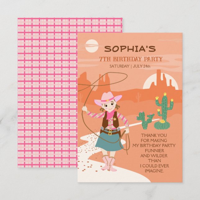 Carte De Remerciements Cavalière avec un lasso et des cactées Fête d'anni (Devant / Derrière)
