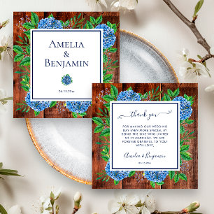 Carte De Remerciements Célébrant de mariage aux hortensias bleus en bois 