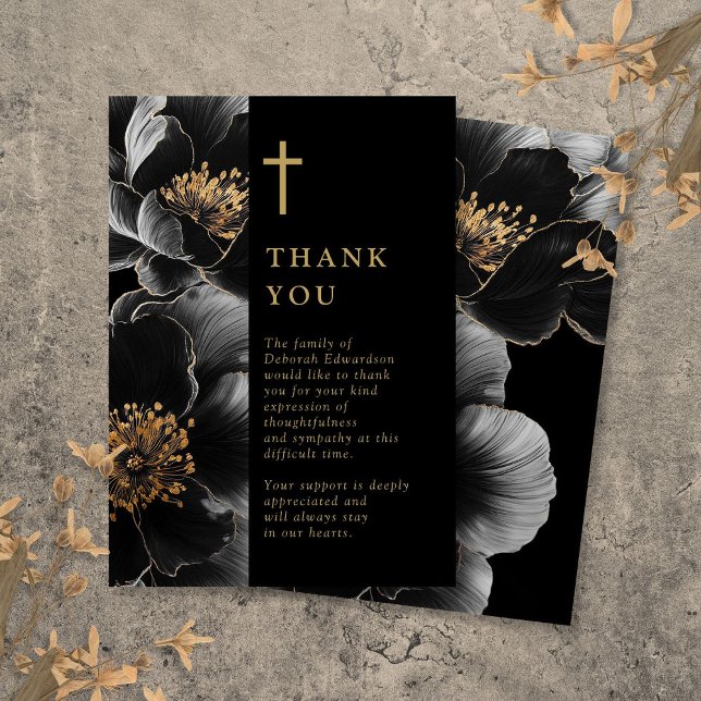 Carte De Remerciements Célébration Chrétienne Noire Et Or De La Vie (Black And Gold Christian Celebration Of Life Thank You Card)