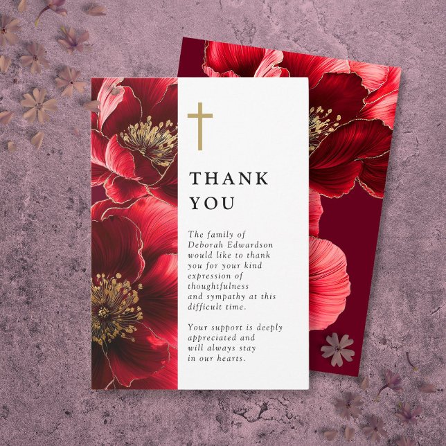 Carte De Remerciements Célébration De La Vie De La Flore Chrétienne Rouge (Red Christian Floral Celebration Of Life Thank You Card)