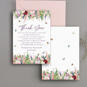 Carte De Remerciements Célébration de la vie en mémoire des papillons flo