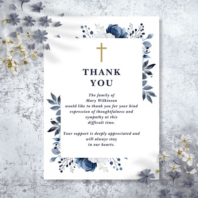 Carte De Remerciements Célébration de la vie funéraire chrétienne florale (Blue Floral Christian Celebration Of Life Funeral Thank You Card)