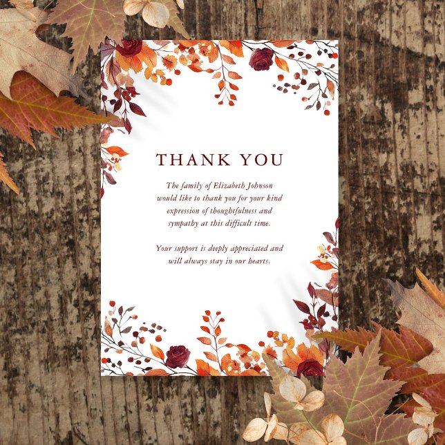 Carte De Remerciements Célébration de la vie funéraire florale automnale  (Rustic Fall Floral Celebration Of Life Funeral Thank You Card)