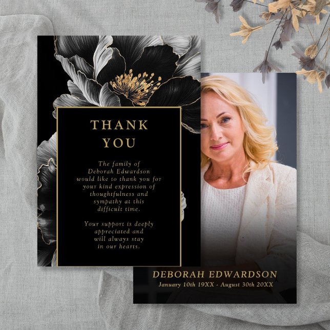 Carte De Remerciements Célébration de la vie funéraire noir et or Photo (Black And Gold Celebration Of Life Funeral Photo Thank You Card)